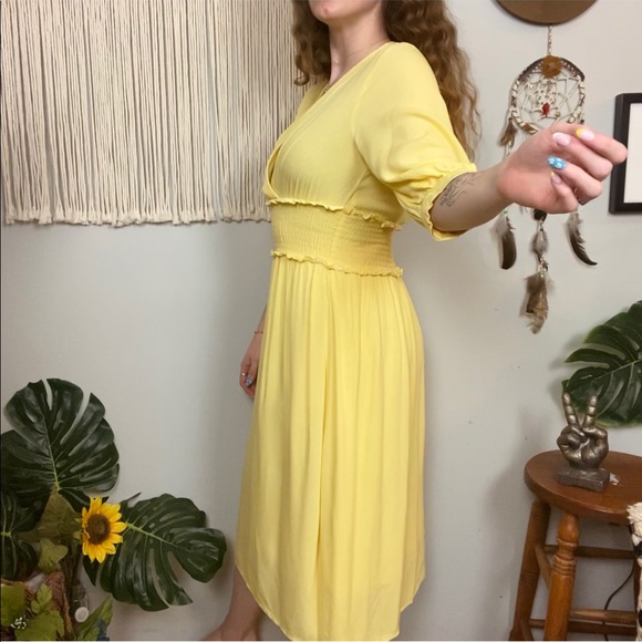 Élodie Yellow White Smocked Waist Midi Sundress with Sleeves Size Small - Picture 11 of 11